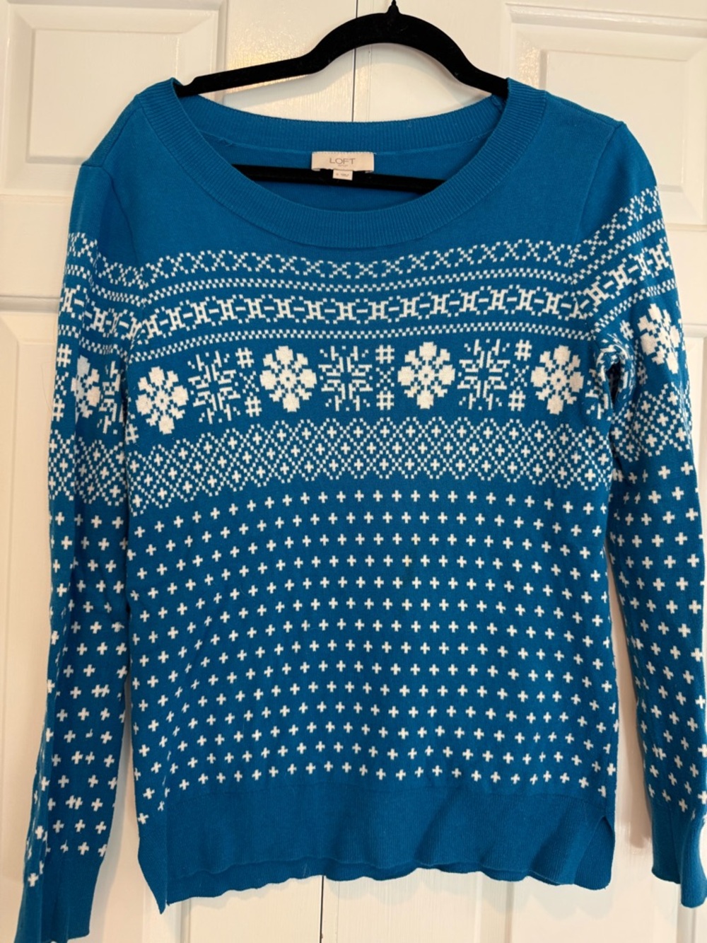 LOFT Teal and White Fair Isle Scoopneck Sweater